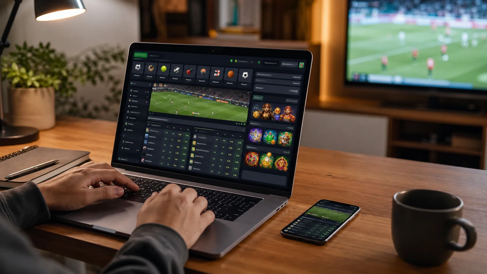 Plataforma royalvegas em notebook e celular com apostas esportivas e cassino online